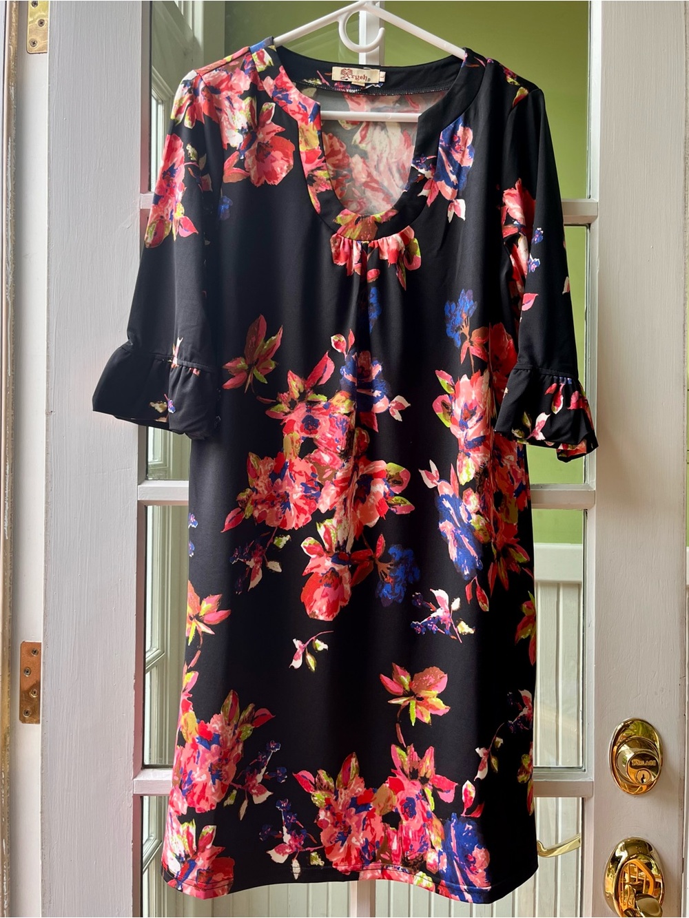 Aryeh Anthropologie Black Floral Shift Dress with Red & Blue Flower Print